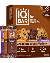 IQBAR front packaging showing 12-count chocolate variety and clean label benefits