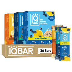 IQBAR front packaging showing 36-count variety pack and clean-label benefits
