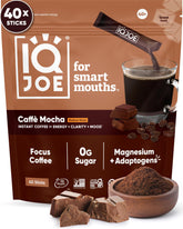 IQBAR IQJOE front packaging showing 40 mocha stick packets and benefits