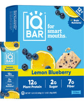 IQBAR front box showing lemon blueberry flavor and clean label benefits