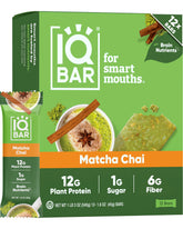 IQBAR matcha chai front packaging showing clean-label benefits
