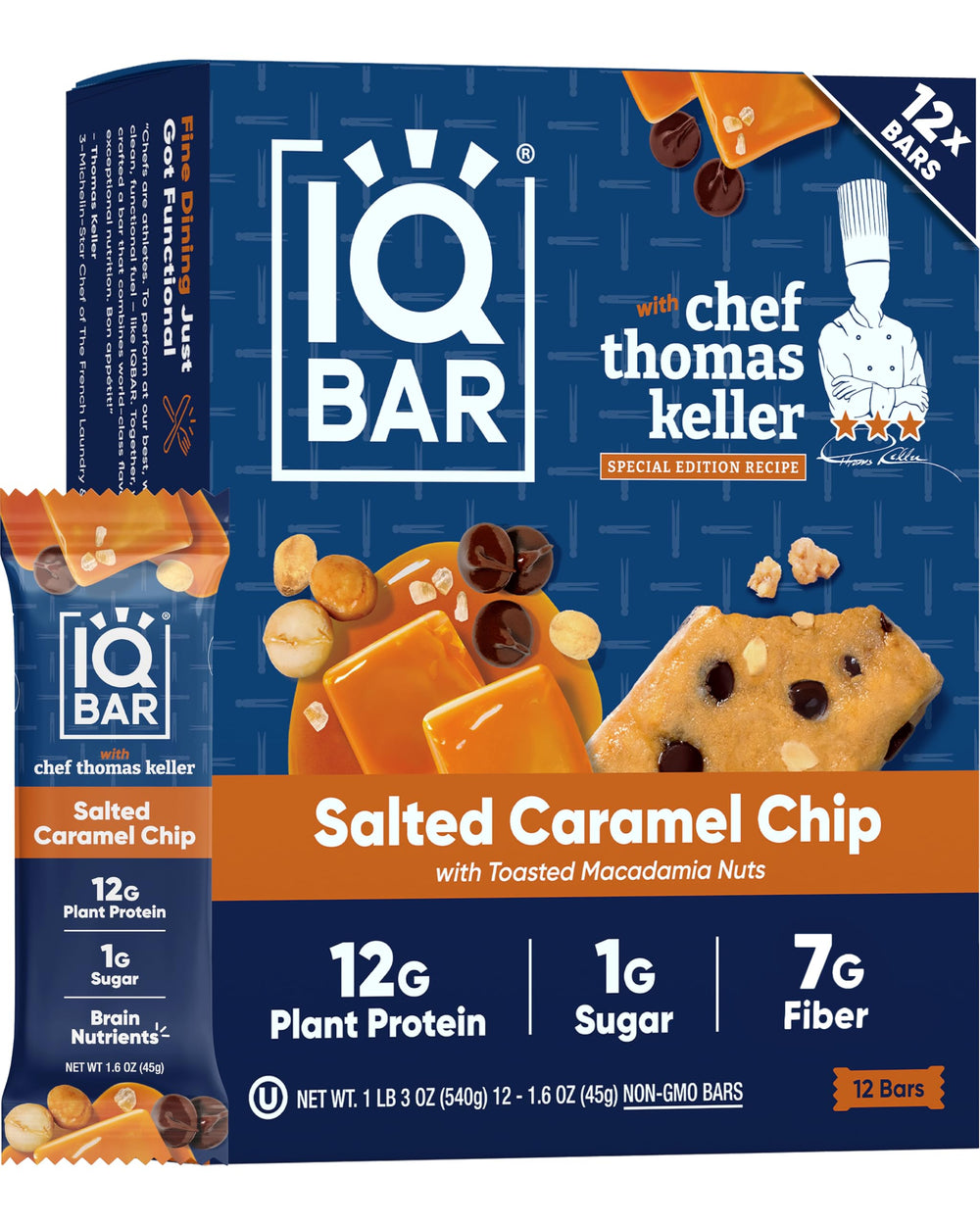 IQBAR salted caramel front packaging shows clean-label benefits and count