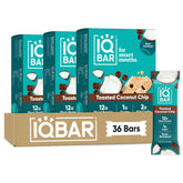 IQBAR front box view showing Toasted Coconut Chip and low-sugar benefit