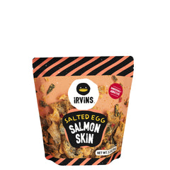 IRVINS front packaging showing salted egg salmon skin chips and bold branding benefit convenience