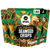 Irvins front packaging showing salted egg seaweed crisps and convenience