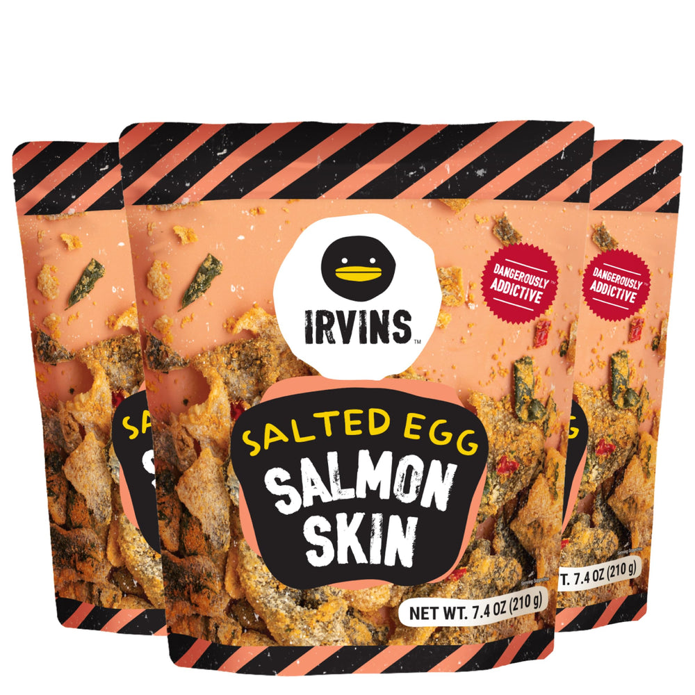 IRVINS front packaging showing brand and salted egg flavor benefit crunchy snack