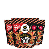 IRVINS front packaging showing three spicy salmon skin pouches for snacking convenience
