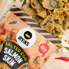 IRVINS open bag revealing salmon skin crisps and immediate on-the-go enjoyment