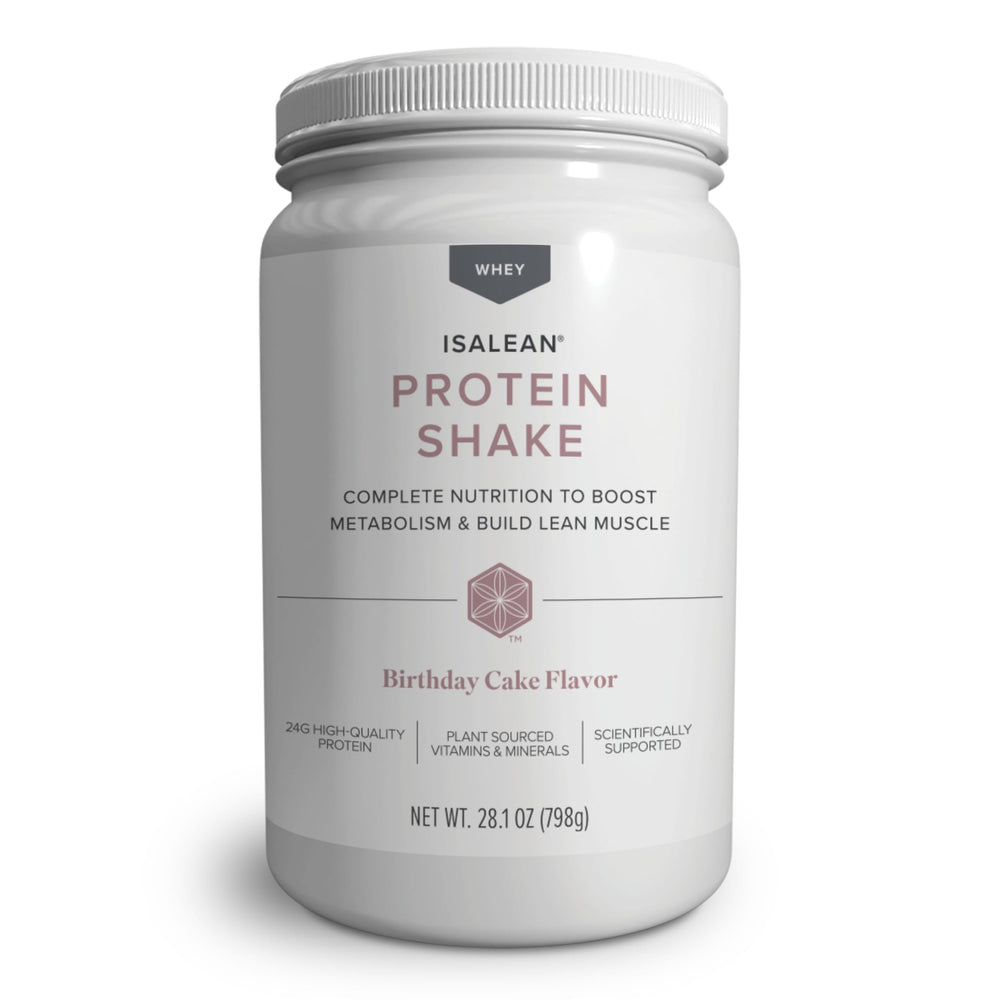 Isagenix IsaLean birthday cake front packaging showing tub and label for easy identification and nutrition benefits