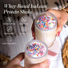 Isagenix IsaLean birthday cake shake in glass poured and ready to drink for convenient on-the-go energy