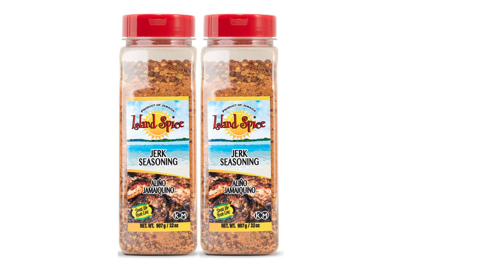 Island Spice jerk seasoning front jar view showing label and restaurant-size convenience