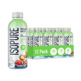 Isopure clear protein water front packaging showing strawberry kiwi benefit