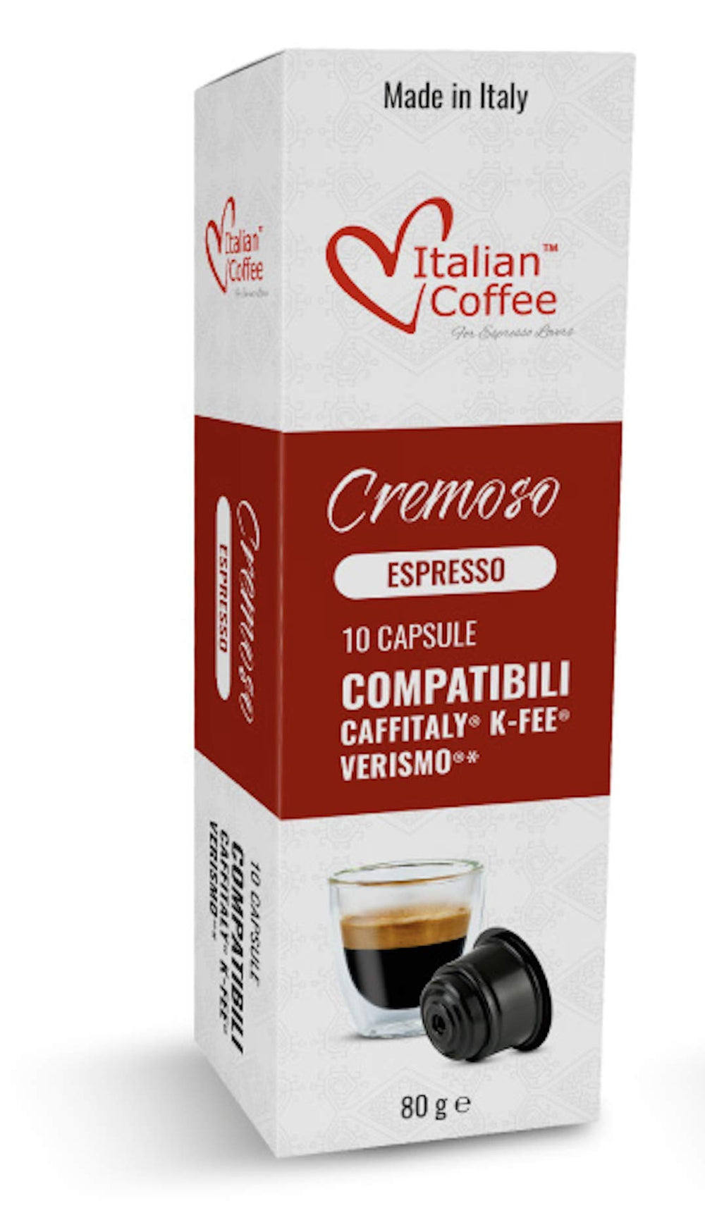 Italian Coffee For Espresso Lovers front packaging showing 80 pods and benefits
