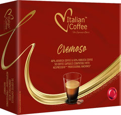 ITALIAN COFFEE FOR ESPRESSO LOVERS front packaging showing 50 Cremoso pods and brand