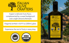 Italian Olive Crafters glass bottle next to measuring cup showing 500ml scale