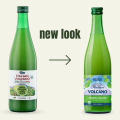 Italian Volcano glass bottle detail emphasizing brand and preservative-free freshness
