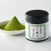 ITOHKYUEMON tin front view showing premium matcha packaging and freshness