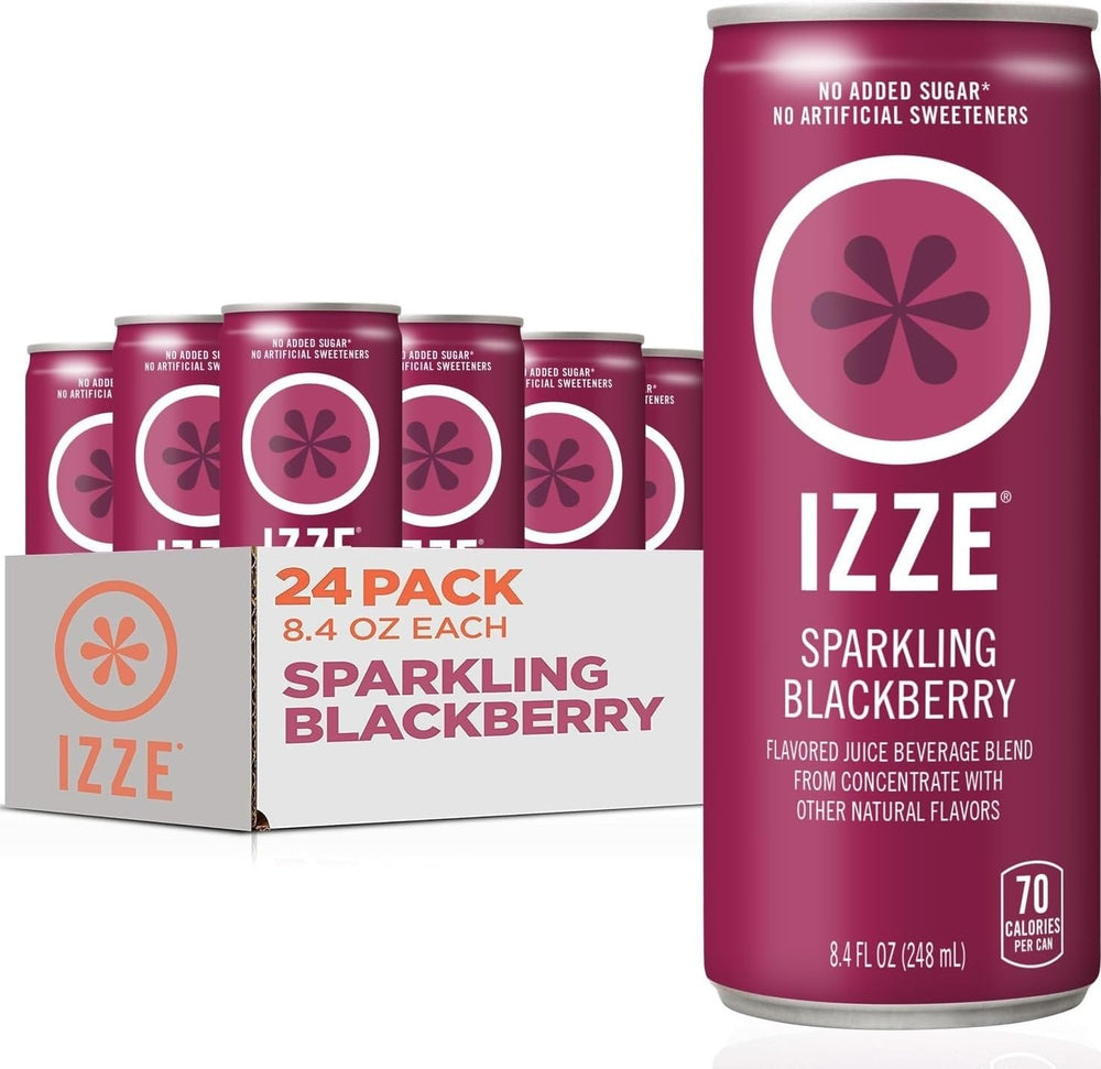 IZZE blackberry front packaging shows bold label and vibrant color, appealing refreshment