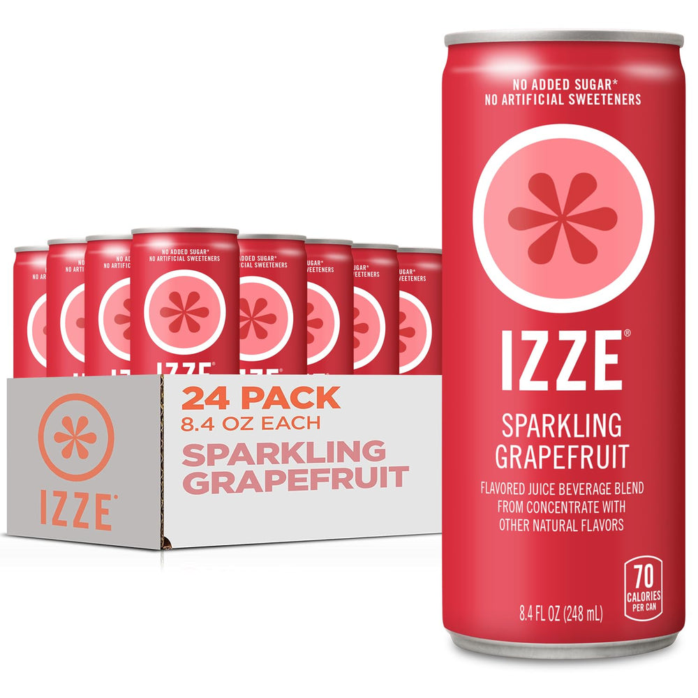 IZZE front packaging showing grapefruit cans and bold branding, highlights convenience