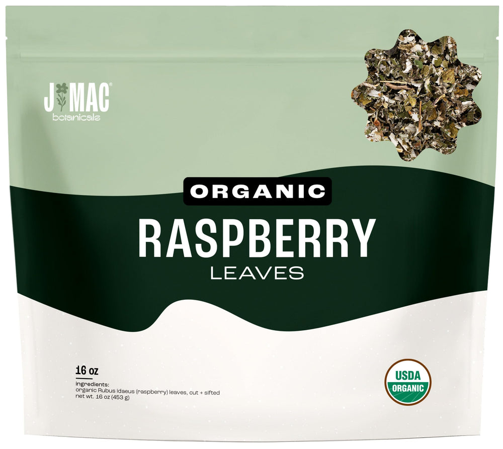 J MAC BOTANICALS front bag view showing organic label and resealable benefit