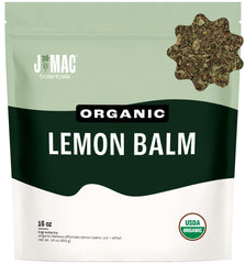 J Mac Botanicals front packaging showing organic lemon balm benefits