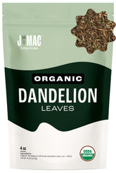 J Mac Botanicals front pouch showing organic dandelion leaves and resealable bag preserving freshness