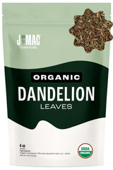 J Mac Botanicals front pouch showing organic dandelion leaves and resealable bag preserving freshness