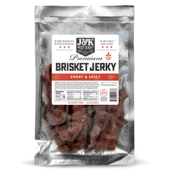 J&K Beef Jerky front packaging showing 7oz bag and brand, highlights portability and value