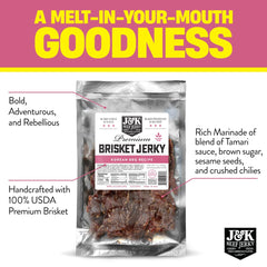 J&K Beef Jerky slab close-up displaying tender brisket texture and savory appeal