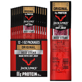 Jack Link's front pack showing 12-count beef steaks and convenient grab-and-go benefit