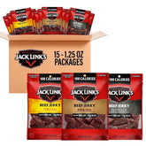 Jack Link's front packaging showing 15-count variety pack and branding benefit: convenient protein
