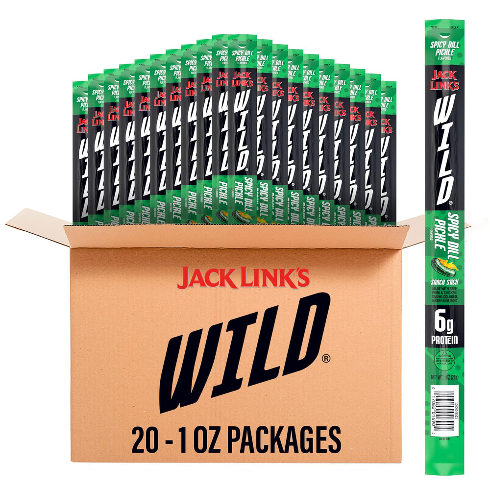Jack Link's front packaging showing bold spicy dill pickle branding and benefits
