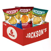 Jackson's front packaging of six 7oz bags, shows variety and convenience
