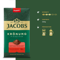 jacobs Kronung decaf lifestyle scene with brewed cup and bag suggesting relaxed, caffeine-free enjoyment