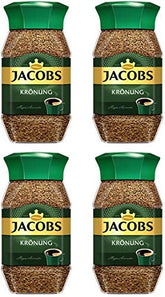 Jacobs Kronung front packaging showing four sealed jars and premium labeling benefit: easy storage