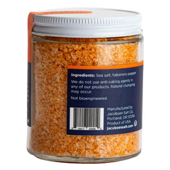 Jacobsen Salt Co. open jar revealing coarse habanero-infused crystals for easy pinching