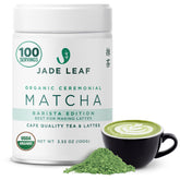 Jade Leaf tin front view showing premium organic matcha and certifications