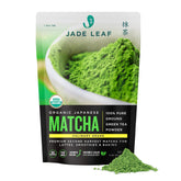 Jade Leaf Matcha front packaging showing resealable pouch and organic label benefits