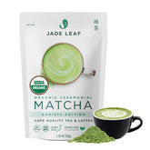 Jade Leaf Matcha front pouch showing resealable vacuum packaging and label benefits