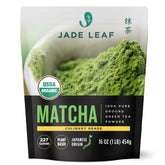 Jade Leaf Matcha front pouch showing resealable packaging and weight