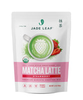 Jade Leaf Matcha front pouch showing brand and strawberry latte mix benefits