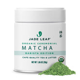 Jade Leaf tin front view showing organic matcha and compact travel-friendly design