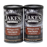 Jake's Nut Roasters front can showing mesquite smoked almonds and bold branding benefit: clear product identity