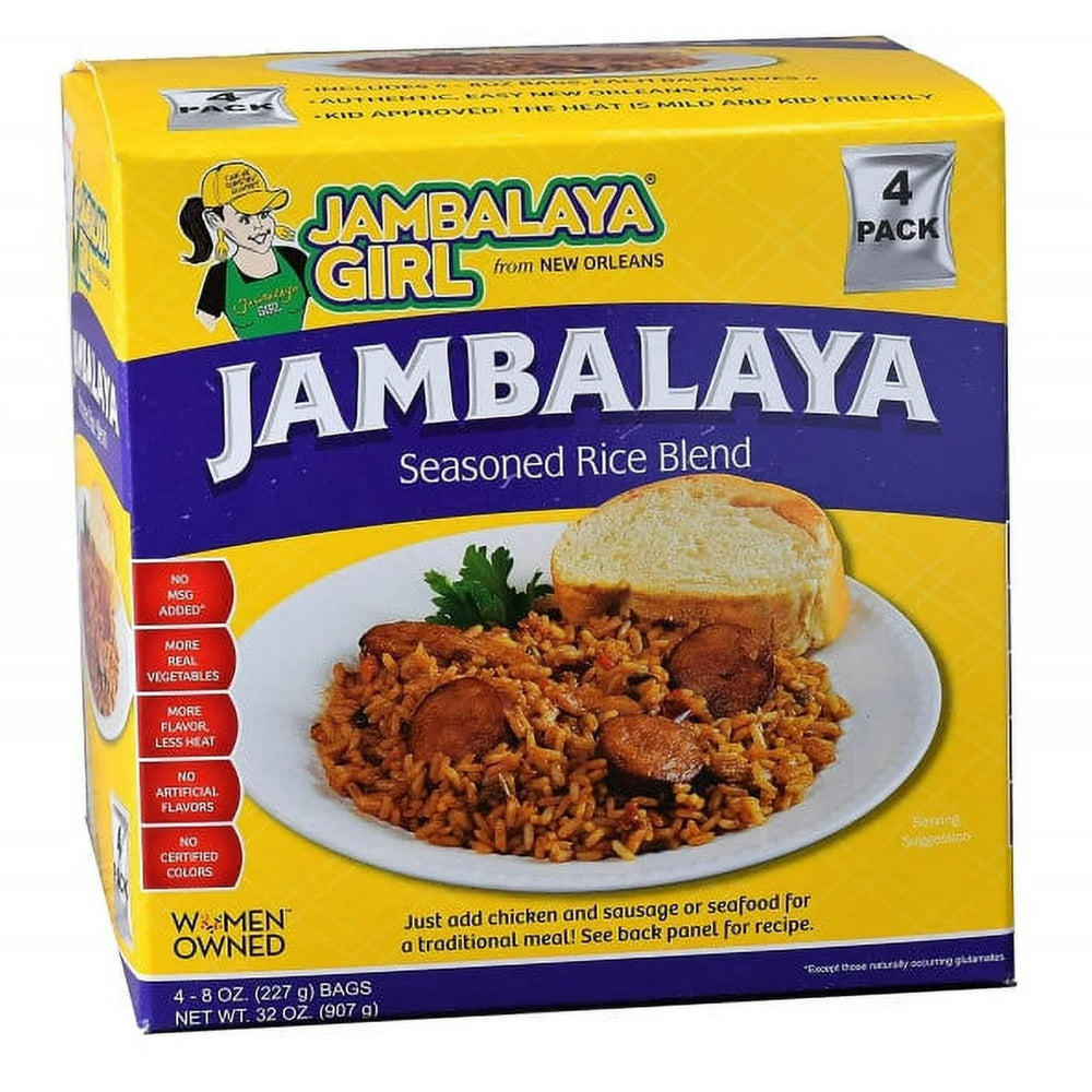 Jambalaya Girl front box packaging showing four 8 oz mixes and branding benefits