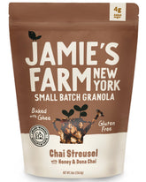 Jamie's Farm front packaging showing chai granola and clear label benefit