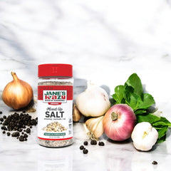 Jane's Krazy salt texture close-up revealing herb flecks and bold flavor