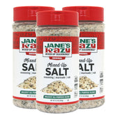 Jane's Krazy shaker front pack showing three 9.5 oz bottles for pantry convenience