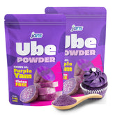 Jans ube powder front packaging showing product and 5 oz bag — clear benefit vibrant color
