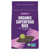 Jasberry front packaging showing three 15oz organic rice bags and branding benefit