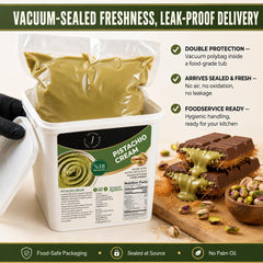 spoon lifting jatisse pistachio cream demonstrating creamy pourability and easy portioning